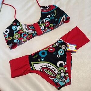 Women size small custom made red and black bikini paisley print top and bottom